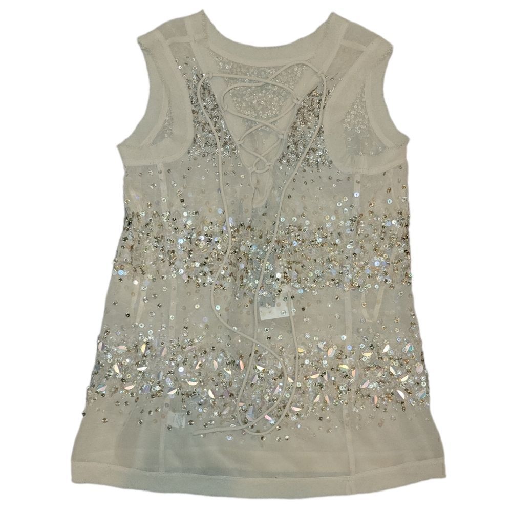 NWT Adrianna Papell Champagne Sheer Beaded Sequin Sleeveless Top Blouse S